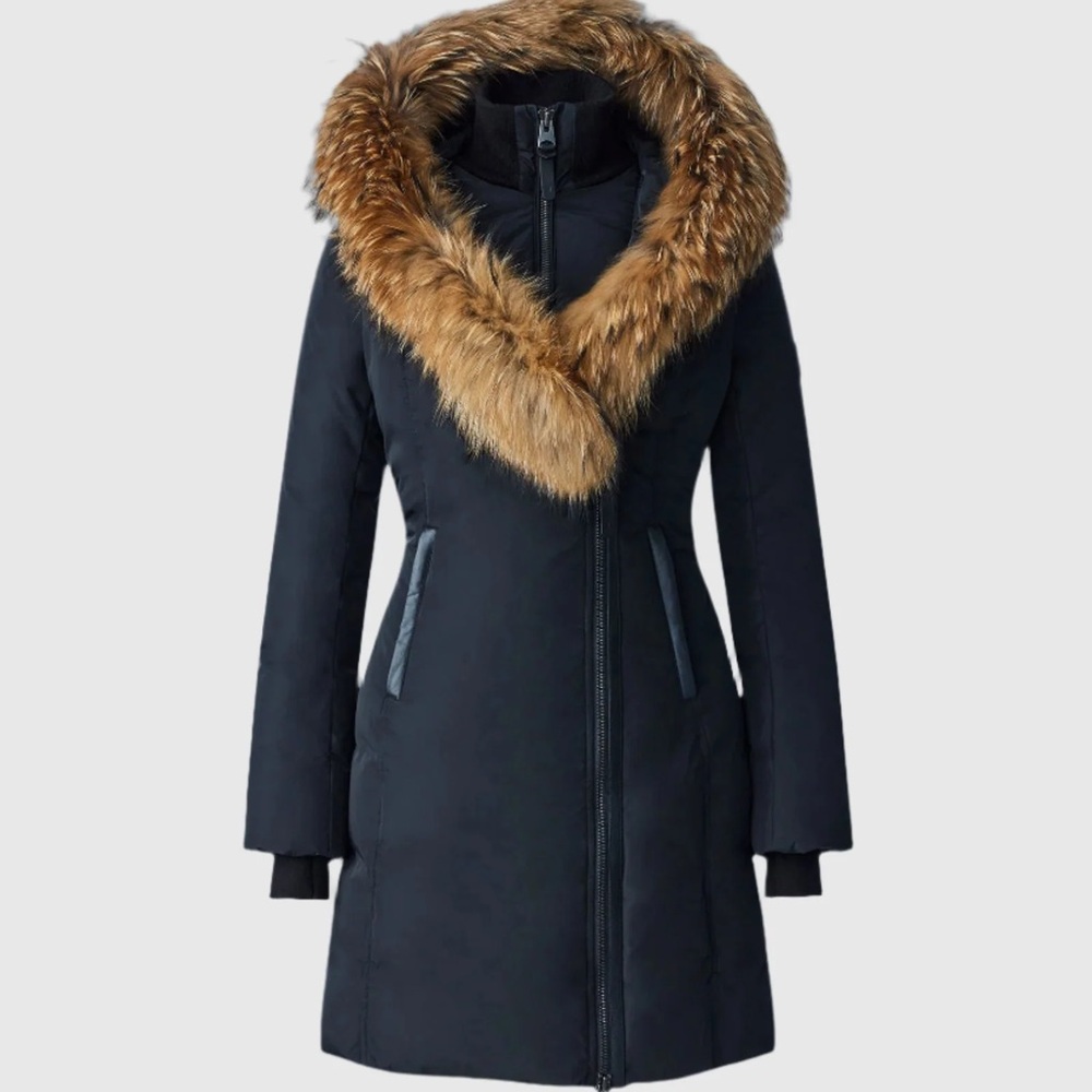 Mackage KAY Black Coat with Brown Fur Trim